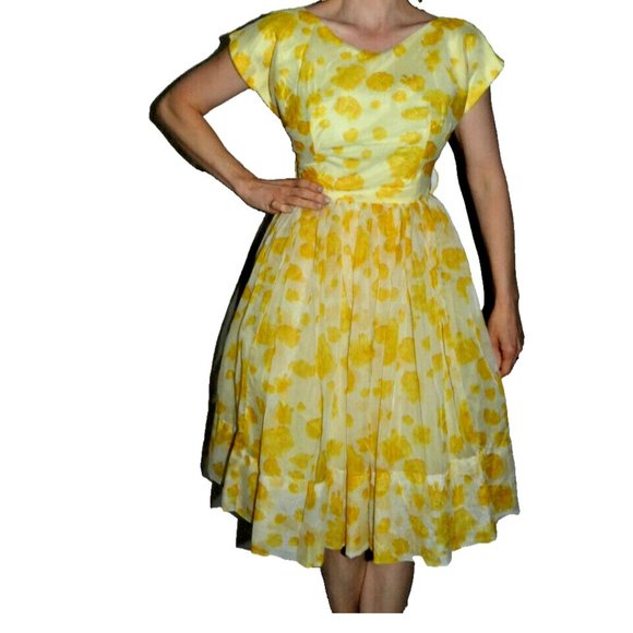 Vintage Jr Theme PROM Dress 50s Size XS Yellow Fluffy Chiffon Layers Petticoats - Picture 1 of 9